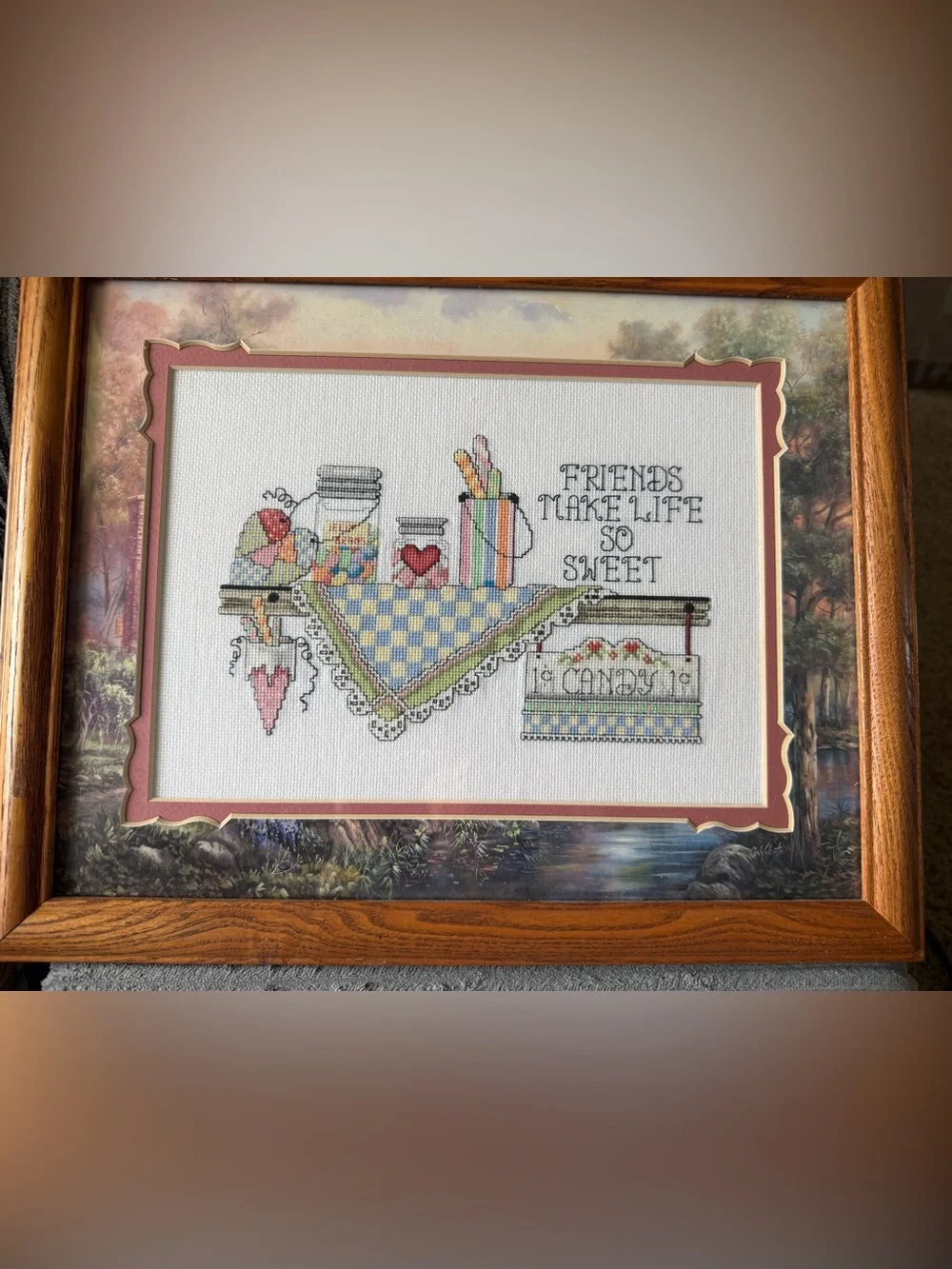 VTG Friends Candy Sweet Kitchen Cross-Stitch Wall Art Embroidery Framed